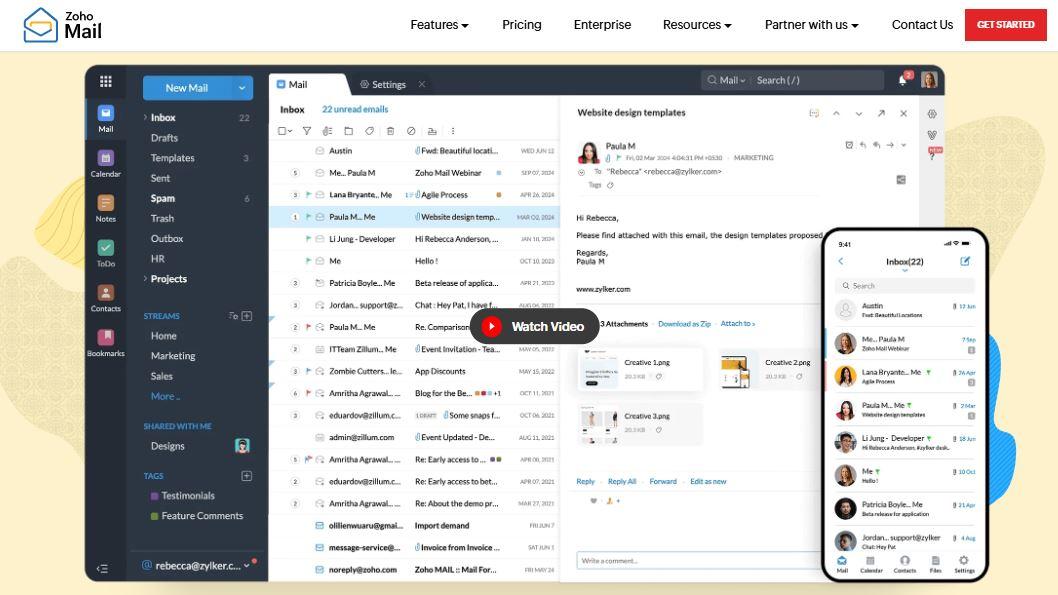 Zoho Mail business email service provider showing admin panel and team collaboration features